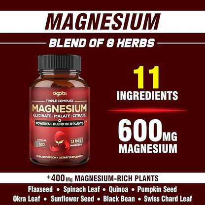 Magnesium Triple Complex - 600mg Magnesium Glycinate, Malate & Citrate - Added Spinach, Swiss Chard & Others - Support Calm, Restful Mood & Muscle Cramp - 120 Capsules