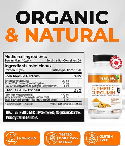 Renew Actives Turmeric Curcumin with Black Pepper – 600MG Turmeric Root, 100MG Curcuminoids per 2 Capsules – Supports Digestion, Liver Health, Joint Relief & Mobility – Made in Canada – 120 Capsules
