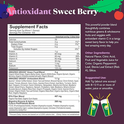 Amazing Grass Greens Superfood Antioxidant: Greens Powder with Organic Spirulina, Beet Root Powder, Elderberry & Probiotics, Sweet Berry, 100 Servings (Packaging May Vary)