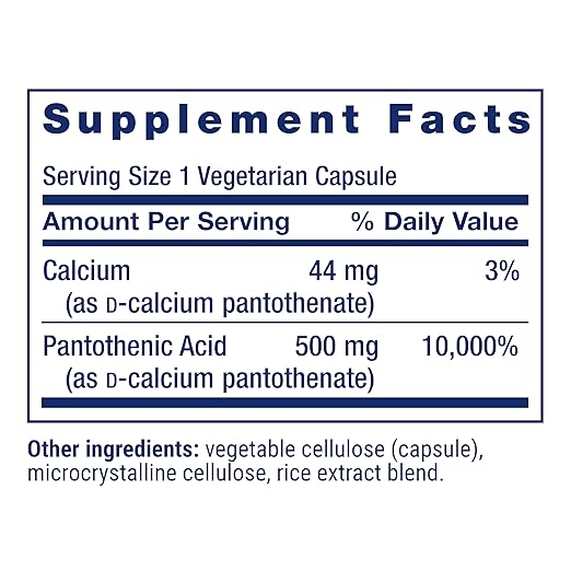 Life Extension Pantothenic Acid, 500 mg, Vitamin B5, Calcium, Support Healthy Metabolism, Mitochondrial Energy Production, Gluten-Free, Non-GMO, Vegetarian, 100 Capsules