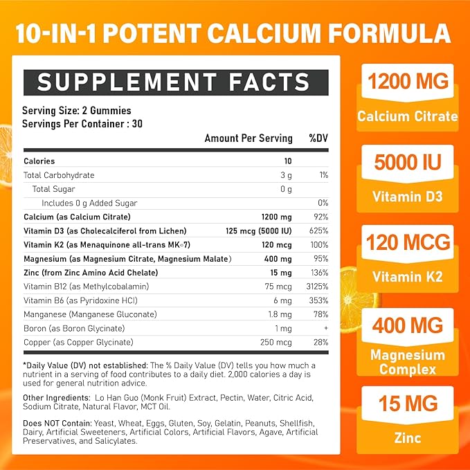 Calcium 1200 mg with Vitamin D3 Supplement for Adults - Calcium Gummies with 5000iu Vitamin D3, K2, B6, B12, Magnesium & Zinc - Calcium Supplement for Women Men - Easy to Digest, Vegan