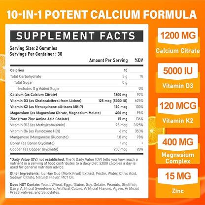 Calcium 1200 mg with Vitamin D3 Supplement for Adults - Calcium Gummies with 5000iu Vitamin D3, K2, B6, B12, Magnesium & Zinc - Calcium Supplement for Women Men - Easy to Digest, Vegan