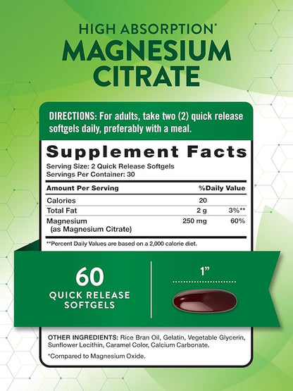 Nature's Truth Magnesium Citrate Softgels | 250mg | 60 Count | High Absorption | Non-GMO & Gluten Free Supplement