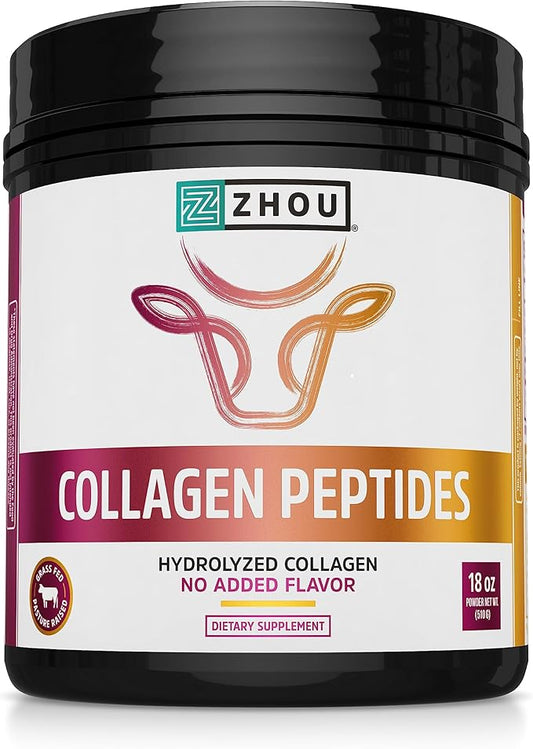 Zhou Collagen Peptides - Pure Hydrolized Collagen Powder for Women & Men, Grass Fed Natural Bovine Collagen for Skin, Hair Growth, Joints & Bones - 18 oz Jar (46 Servings)