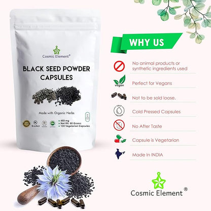 100% Pure Black Seed Powder Capsules Organic - Vegan Nigella Sativa 450mg Black Cumin Seeds per Serving for Health - 120 Capsules