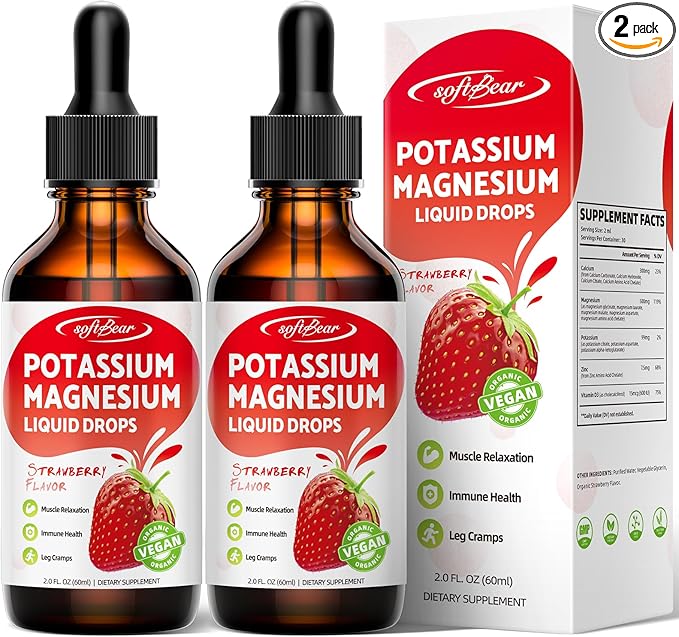 softbear 2 Pack Calcium Potassium Magnesium Liquid Drops, High Absorption Calcium Magnesium Potassium Supplement Support Bone & Muscle Health Liquid Magnesium Drops Strawberry Flavor 4 Fl Oz