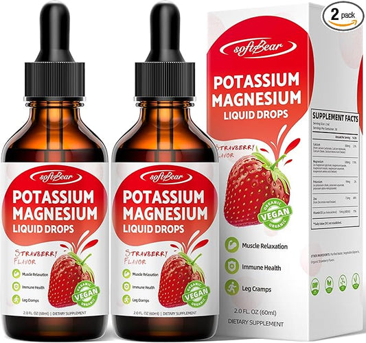 softbear 2 Pack Calcium Potassium Magnesium Liquid Drops, High Absorption Calcium Magnesium Potassium Supplement Support Bone & Muscle Health Liquid Magnesium Drops Strawberry Flavor 4 Fl Oz