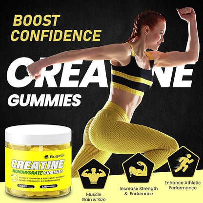 Creatine Monohydrate Gummies 5g for Men Women,Sugar Free Chewables Creatine Pre-Workout for Muscle Strength, Lemon Flavor, 120 Count