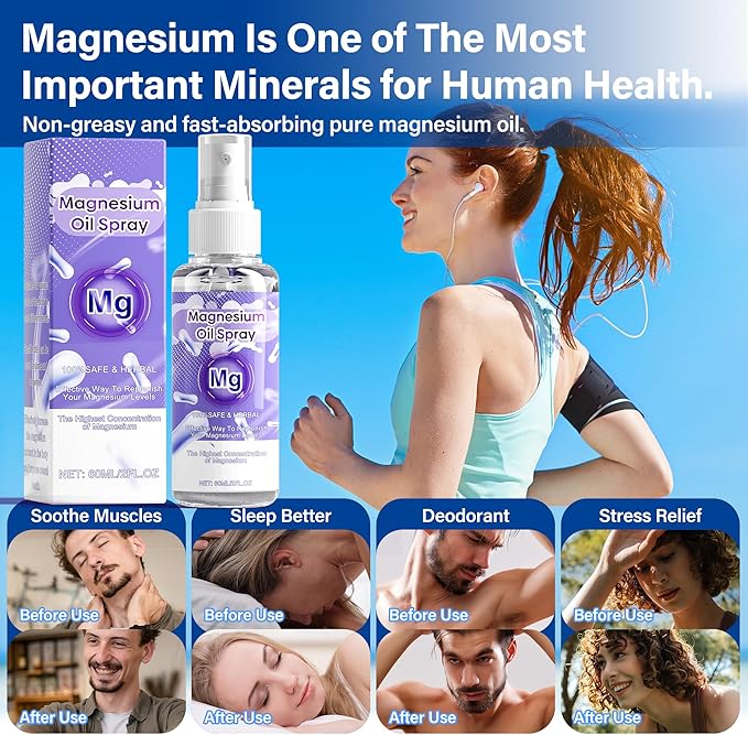 Magnesium Oil Spray, 60Ml 100% Pure Organic Magnesium Oil Spray Skin & Body Extra Strength, Magical Magnesium Skin for Feet, Sleep, Relax, Easy to Absorb and Use