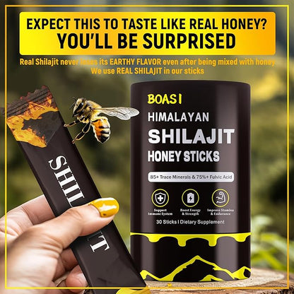 Shilajit Honey Sticks - Himalayan Shilajit Honey Sticks Organic Honey & Saffron for Energy,Strength & Cognitive Support for Men & Women 30 pcs