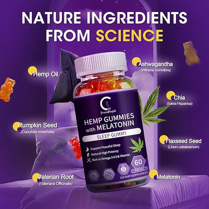 Hemp Gummies for Sleep with Melatonin, Support Relaxation & Peace, Calm Gummies for Adults, All Natural Hemp Oil, Vegan, Non-GMO, 60ct