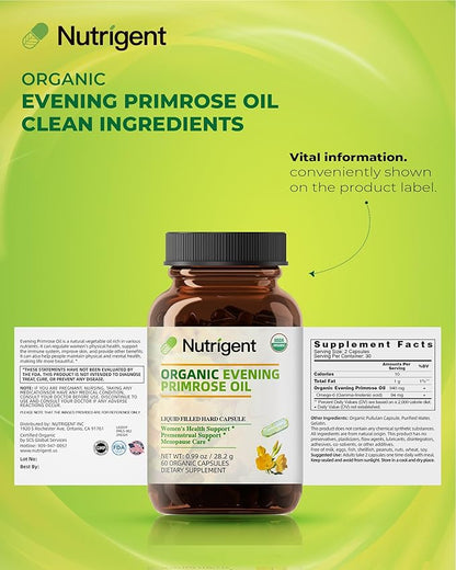 Organic Evening Primrose Oil Supplement, 940 mg 100% Pure with 10% GLA, High Absorption Liquid Organic Capsules, Promotes Women's Health & Skin Health, Cold Pressed, 60 Count