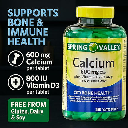 Spring Valley Calcium 600 mg Plus Vitamin D3, 250 Coated Tablets. Bone Health Support Supplement. 800 IU Vitamin D per Tablet Bundle with 45 Diabetes Decoded