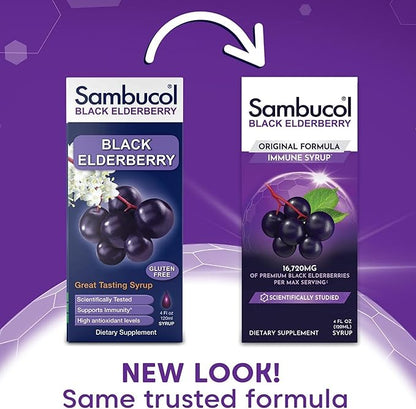 Sambucol Black Elderberry Syrup - Sambucus Elderberry Syrup, Black Elderberry Liquid, Immune Support, Elderberry Syrup for Kids and Adults, High Antioxidants, Gluten Free - Original Formula, 4 Fl Oz