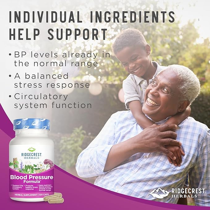 RidgeCrest Herbals Blood Pressure Herbal Formula, 12 Herbs, Poria Mushroom, Gastrodia, Gardenia, for Heart, Vascular, Circulation Health (120 Count)