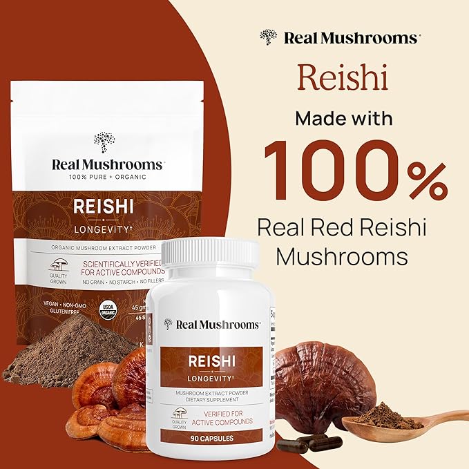 Real Mushrooms Reishi Capsules - Organic Mushroom Extract Supplement with Potent Red Vegan Supplement, Non-GMO, 90 Caps