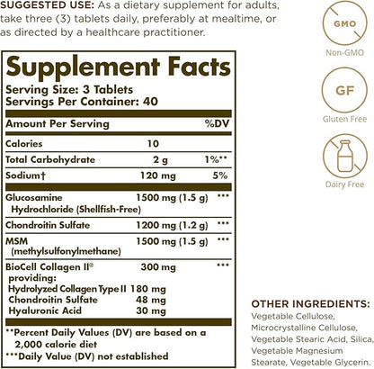 SOLGAR Glucosamine Hyaluronic Acid Chondroitin MSM - 120 Tablets, Pack of 2 - Promotes Healthy Joints, Supports Comfortable Movement - Non-GMO, Gluten Free - 80 Total Servings