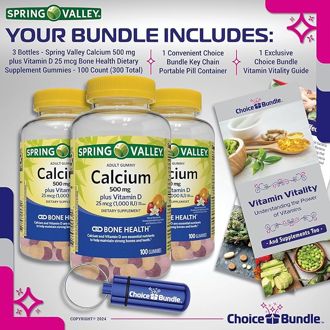 Spring Valley Calcium 500 mg Plus Vitamin D 25 mcg Bone Health Dietary Supplement Gummies, 100 Ct 3 pk (300 Total) + Vitamin Guide and Pill Container (5 Items)!