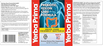 Yerba Prima Prebiotic Colon Care Formula Powder 12 oz - Natural Psyllium Fiber, FOS, Magnesium, Selenium - Non-GMO, Gluten Free, Vegan Daily Supplement for Men & Women