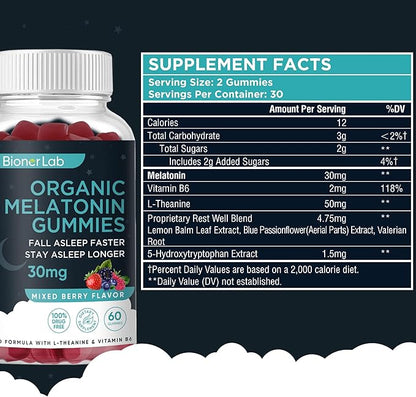 Melatonin Gummies (30mg) Enhanced with L-theanine & Vitamin B6 for Adult Women Men - Extra Strength Chewables Calm Gummy - Gluten Free