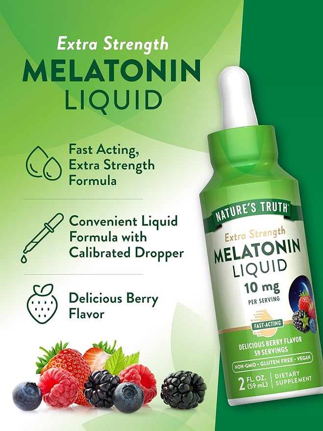 Nature's Truth Melatonin Liquid | 10 mg | 2 Fl oz Maximum Strength for Adults | Berry Flavor | Vegetarian, Non-GMO, & Gluten Free Supplement