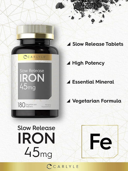 Carlyle Slow Release Iron 45 mg | 180 Tablets | Ferrous Sulfate Mineral Supplement | for Men & Women | Vegetarian, Non-GMO, and Gluten Free Formula