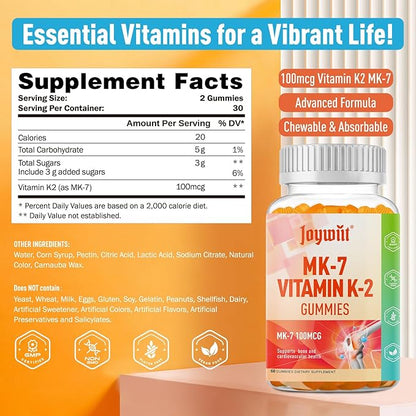 Vitamin K2 MK-7 Gummies 100mcg, Extra Strength K2 Vitamin Supplement for Bone & He-Art Support, Chewable Natural Orange Flavor, Non GMO, Vegan, 120 Gummies