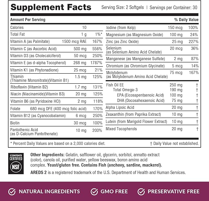 EyePromise Macular Health Complete | 2 Softgel Multi-Vitamins with Eyecare Support | Heart, Brain, Hair, Skin and Overall Health | Updated Format Now with 2 Softgels for Increased Absorption