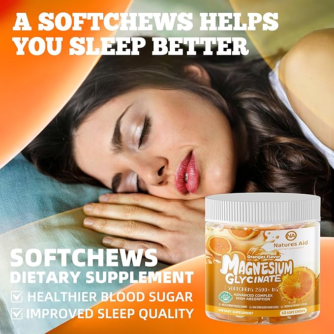 Magnesium Glycinate Soft Chews Supplement,Chewable Sugar Free Potassium Magnesium Chews with Magnesium Glycinate, Vitamin D, B6, and CoQ10 for Calm Support & Sleep for Adults,60 Days Supply-Orange
