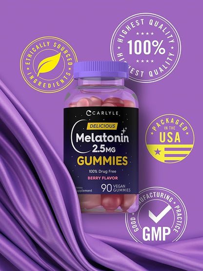 Carlyle Melatonin 2.5 mg Gummies | 90 Count | Berry Flavor Gummy Supplement | Vegan, Non-GMO, Gluten Free