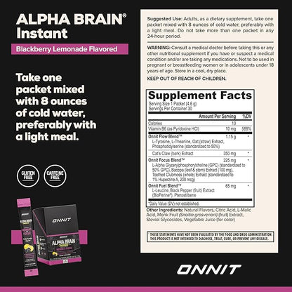 ONNIT Alpha Brain Instant Cognitive Support Drink Mix, BlackBerry Lemonade Flavor, Nootropic Supplement for Focus, Memory, and Clarity, 0.13 oz Packets, 30 Count