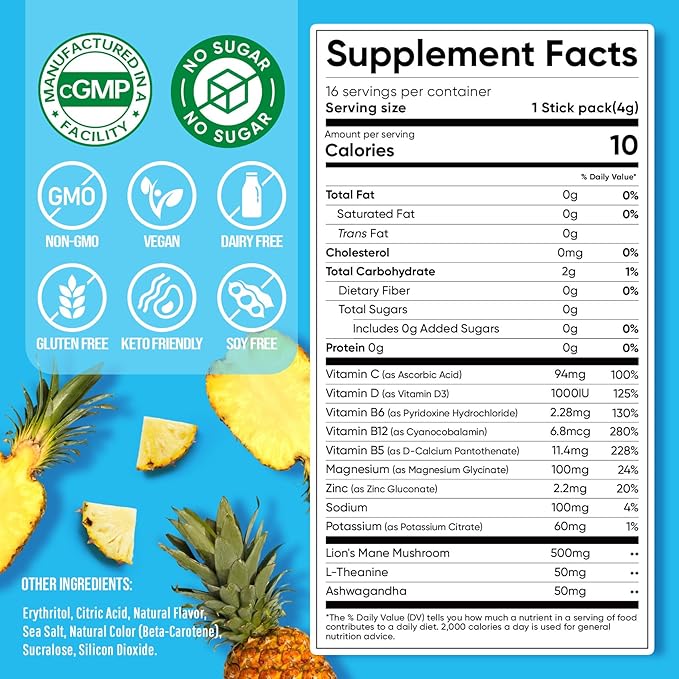 Venture Pal Magnesium Glycinate Powdered Calming Drink Mix with Ashwagandha, Vitamin D, L-Theanine, Lions Mane, Sugar Free Magnesium Supplement Blend for Calm, Relax & Focus, Non GMO, Vegan, 16 Sticks