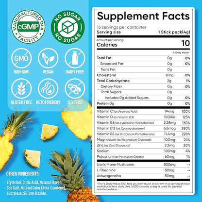Venture Pal Magnesium Glycinate Powdered Calming Drink Mix with Ashwagandha, Vitamin D, L-Theanine, Lions Mane, Sugar Free Magnesium Supplement Blend for Calm, Relax & Focus, Non GMO, Vegan, 16 Sticks