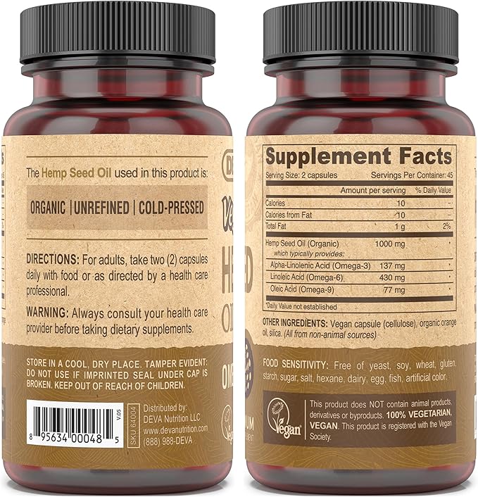 DEVA Vegan Virgin Hemp Seed Oil Capsules – Cold-Pressed, Unrefined, 90 Count