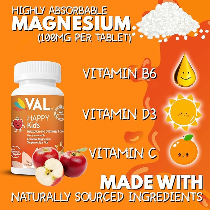 VAL Magnesium for Kids | High-Absorption Magnesium for Calm, Relaxation & Focus | Mg Glycinate, Citrate & Taurate | with Vitamin B6, D & C | Sugar-Free, Non-GMO | 60 Chewable Tablets