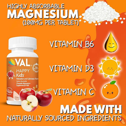 VAL Magnesium for Kids | High-Absorption Magnesium for Calm, Relaxation & Focus | Mg Glycinate, Citrate & Taurate | with Vitamin B6, D & C | Sugar-Free, Non-GMO | 60 Chewable Tablets