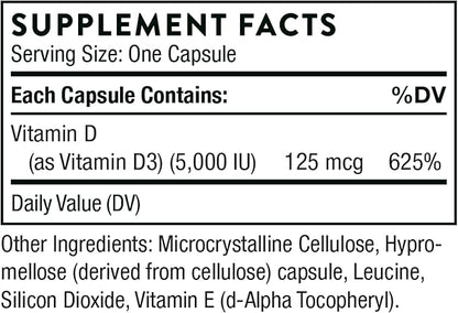 THORNE Vitamin D-5000 - Vitamin D3 Supplement - Support Healthy Bones, Teeth, Muscles, Cardiovascular, and Immune Function* - NSF Certified for Sport - Dairy-Free, Soy-Free - 60 Capsules