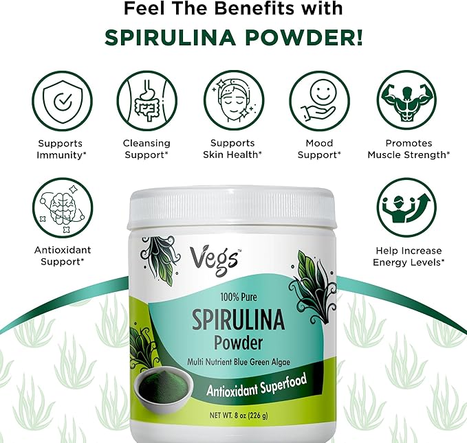 Organic Spirulina Powder - Blue Green Algae Plant-Based Superfood Blend - Antioxidant-Rich with Chlorophyll, Vitamins & Minerals for Cleansing, Energy & Immunity Support - Vegan, Non-GMO - 8 oz