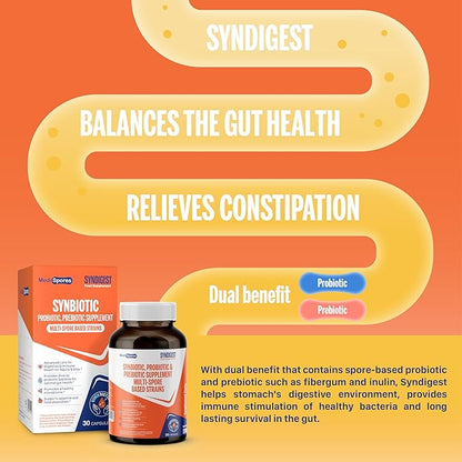 Syndigest probiotic daily care for women & men with dual benefit of 5 probiotic & prebiotic strains, balance gut health & relieves constipation, travel friendly, 30 capsules (2 billions CFU/serving)