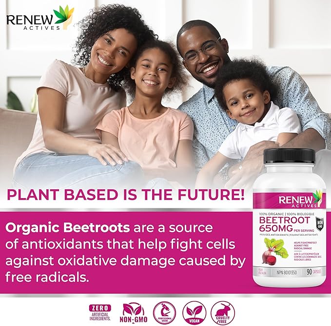 Renew Actives Organic Beetroot Supplement 1300MG per 2 Capsules - Pure Beetroot Powder for Circulation, Natural Energy, & Antioxidant Benefits - High-Potency Superfood, Made in Canada - 90 Capsules