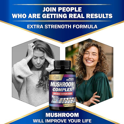 Cadane Mushroom Complex Supplements - 13in1 Concentrated with Lions Mane, Cordyceps Sinensis, Reishi, Turkey Tail Mushroom, Maitake, Chaga, Shiitake, Enoki, Agaricus, Oyster & More - 90 Vegan Capsules