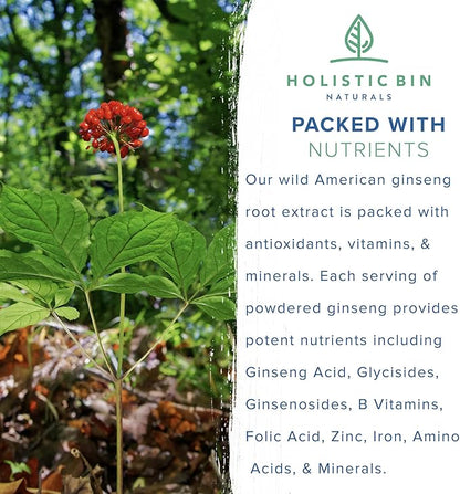 Holistic Bin Wild American Ginseng Powder Pure Organic Ginseng Supplement Made with Wild Harvested 20+ Year Old Roots from Appalachia (Panax Quinquefolius) | No Fillers or Additives (25 Grams)