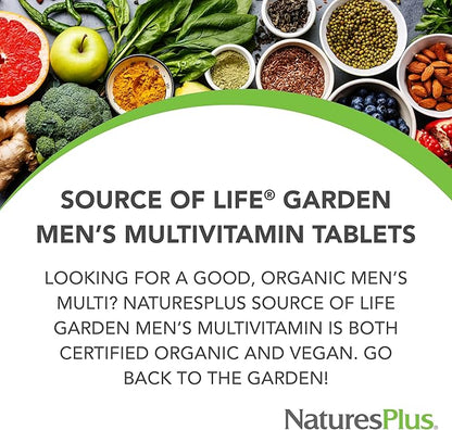 NaturesPlus Source of Life Garden Certified Organic Men's Multivitamin - 90 Vegan Tablets - Pure, Natural Whole Food Ingredients - Energy Boost - Vegetarian, Gluten-Free - 30 Servings