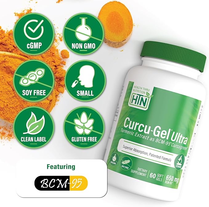 Health Thru Nutrition Curcu-Gel 650mg BCM-95® Curcugreen Turmeric Curcumin| High Absorption | Healthy Inflammation Response | Clinically Studied | 3rd Party Tested | Non-GMO (Pack of 60)