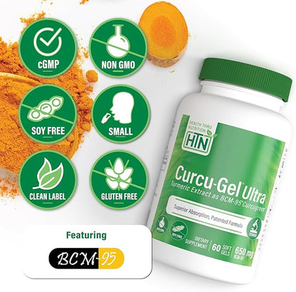 Health Thru Nutrition Curcu-Gel 650mg BCM-95® Curcugreen Turmeric Curcumin| High Absorption | Healthy Inflammation Response | Clinically Studied | 3rd Party Tested | Non-GMO (Pack of 60)