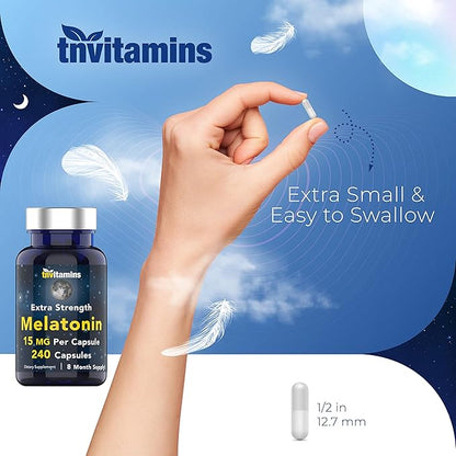 Melatonin 15 MG Per Capsule (240 Capsules) | All-Natural Sleeping Pills for Adults | Extra Strength Melatonin | Nighttime Sleep Aid | Natural Sleep Support Supplement