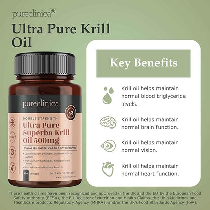 Ultra Pure Superba Krill Oil 500mg x 120 Capsules - Sourced in The Unpolluted Waters of Antarctic Providing a Rich Supply of Astaxanthin, Omega 3 and Vitamin D