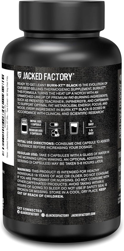 Jacked Factory Burn XT Black Thermogenic Fat Burner - Weight Loss Supplement, Appetite Suppressant, Nootropic Energy Booster | TeaCrine, Acetyl L-Carnitine, Green Tea Extract - 90 Veg Diet Pills