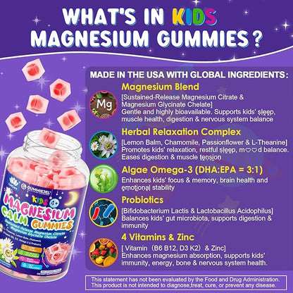 Magnesium Glycinate Gummies for Kids 4+ & Magnesium Citrate, Melatonin Free-Kids Magnesium Supplement w/L-Theanine, Omega 3, D3 K2, B6 B12, for Zzz, Relaxation, Muscle, Brain & Gut, Sugar Free 60 Cts