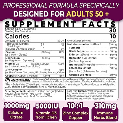 Calcium Supplements Gummies for Women & Men 50+, Calcium Citrate 1000mg with Vitamin D3, Magnesium, Zinc, Elderberry, High Absorption Calcium Chews for Bone Density, Relax Muscle, Immune, Vegan 60cts